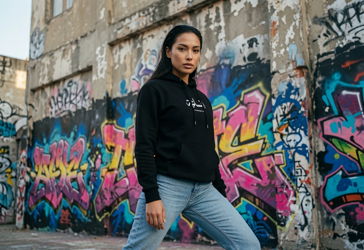 Model wearing Le Rêve hoodie in front of graffiti wall