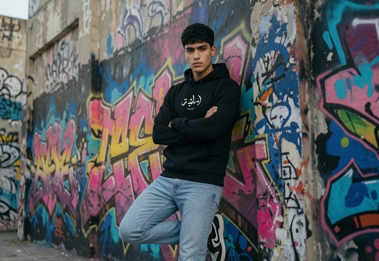 Black colorway lifestyle, graffiti wall